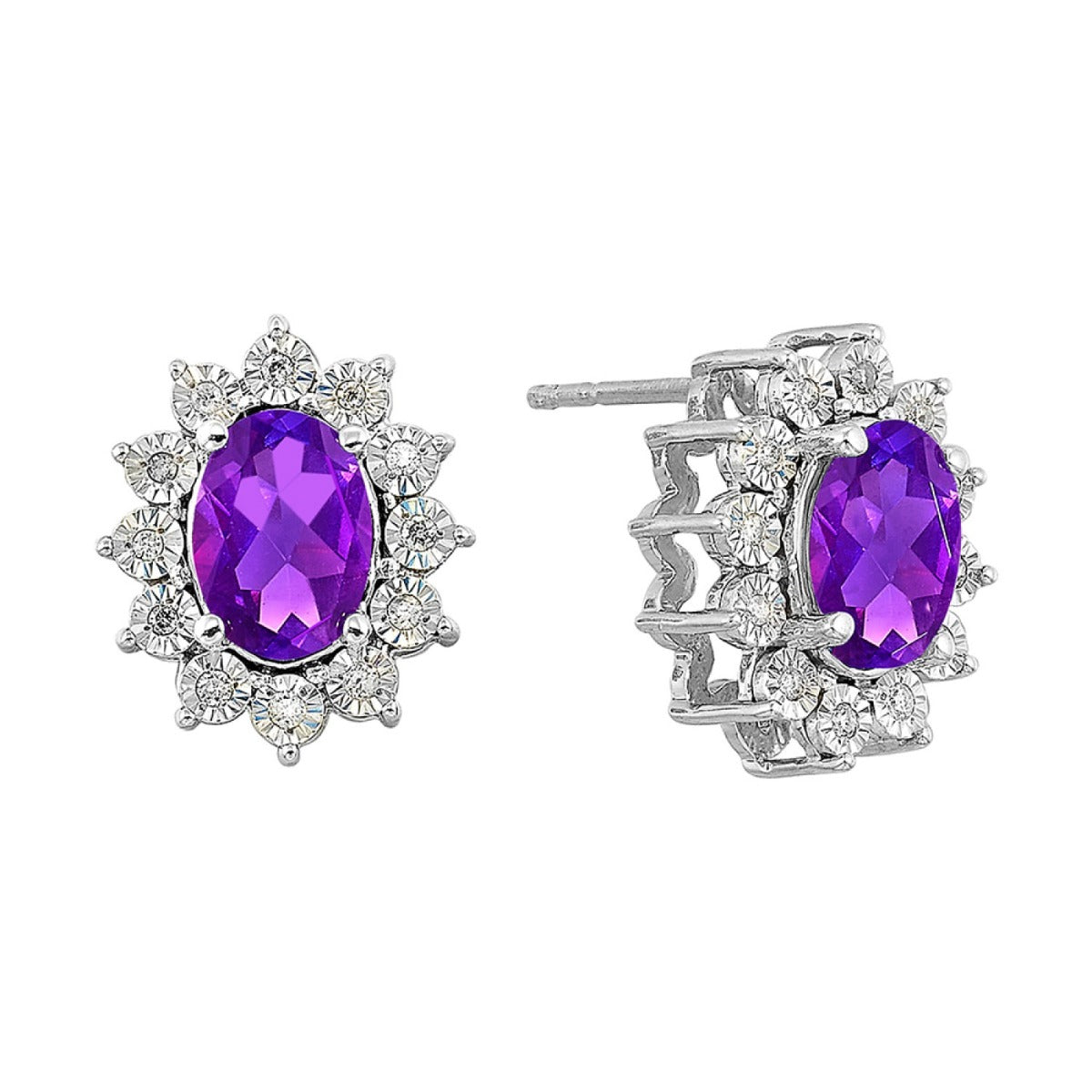 Silver Amethyst and Diamond Halo Stud Earrings
