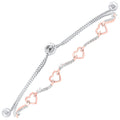 Front View Diamond Heart Ribbon Bolo Bracelet in Two Tone Sterling Silver - Adjustable