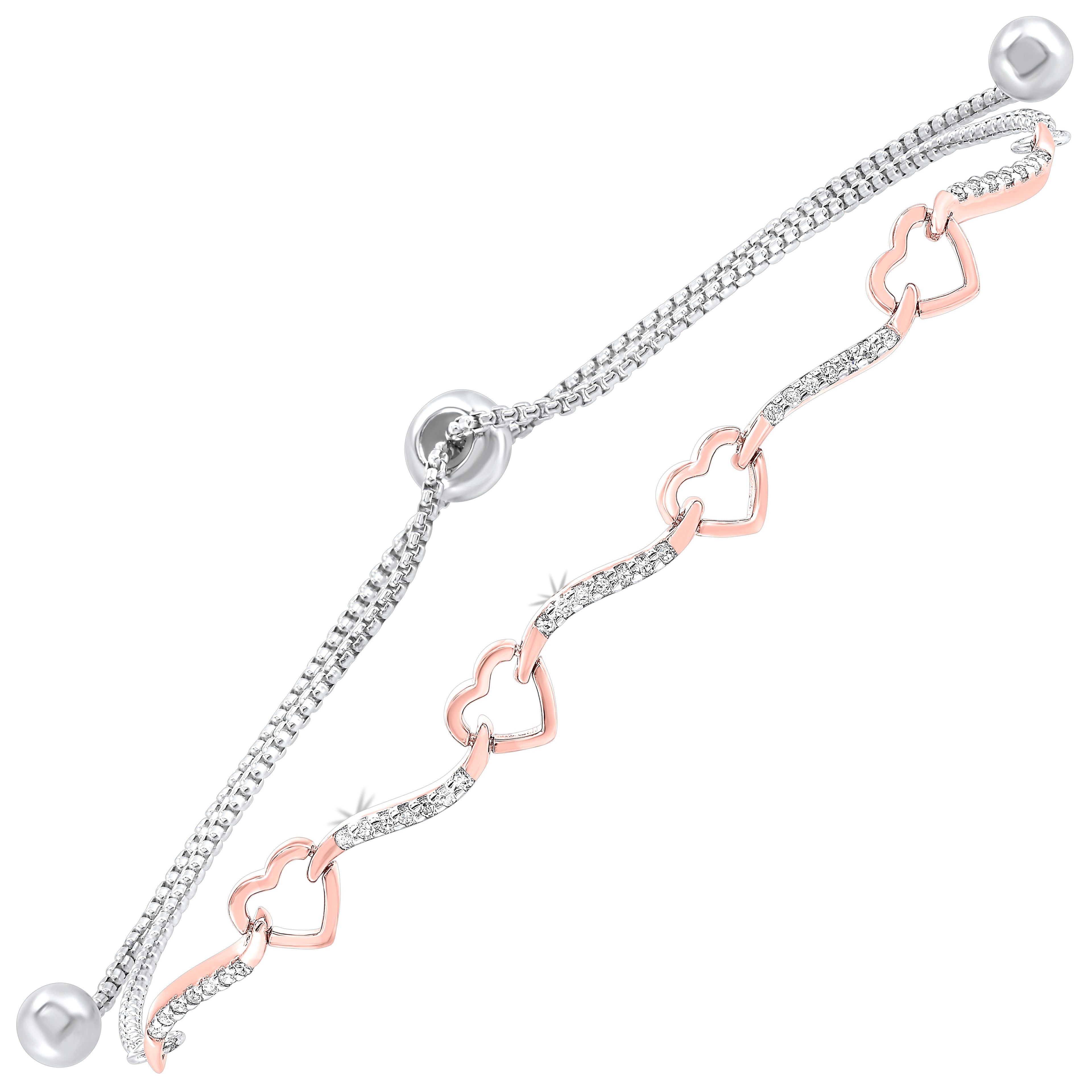 Front View Diamond Heart Ribbon Bolo Bracelet in Two Tone Sterling Silver - Adjustable
