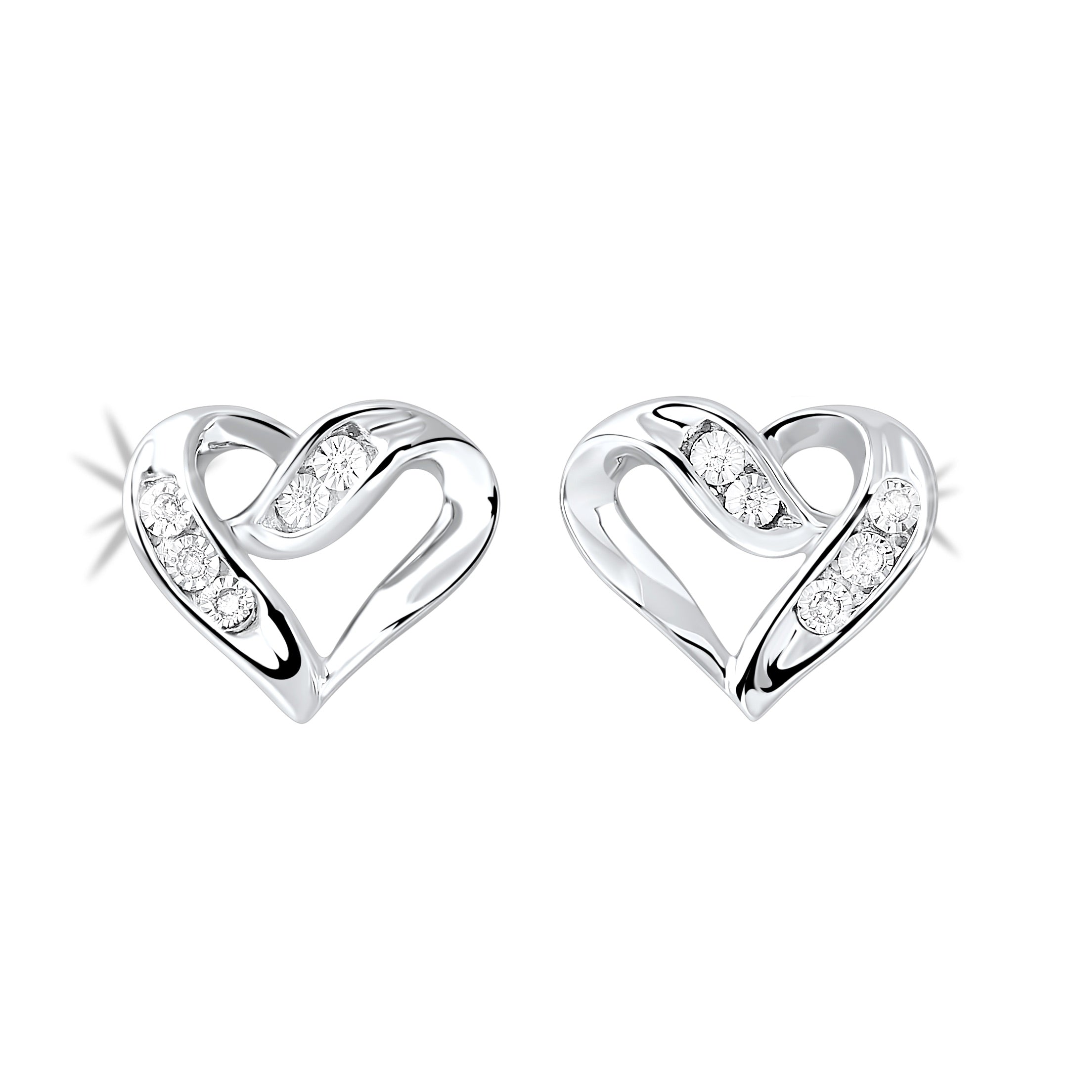 Front View Diamond Open Ribbon Heart Stud Earrings