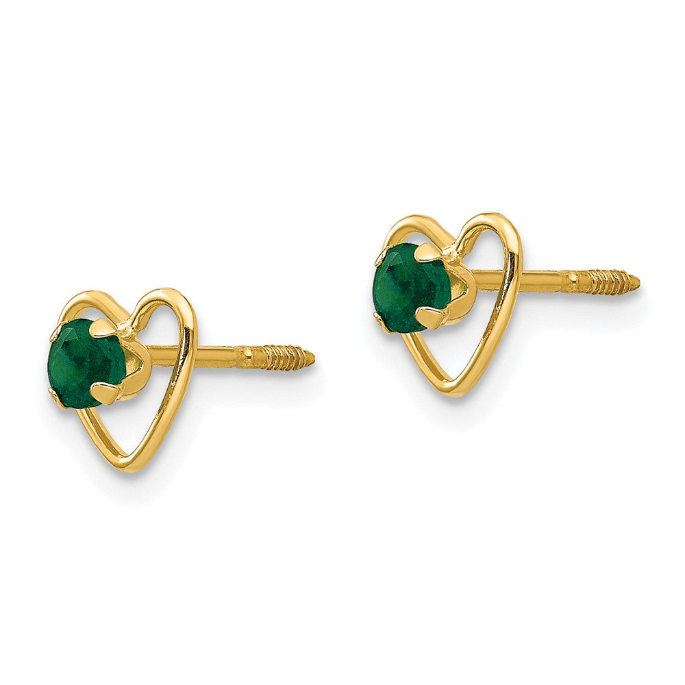 Skippy Pop 14k Madi K 3mm Created Emerald Birthstone Heart Earrings