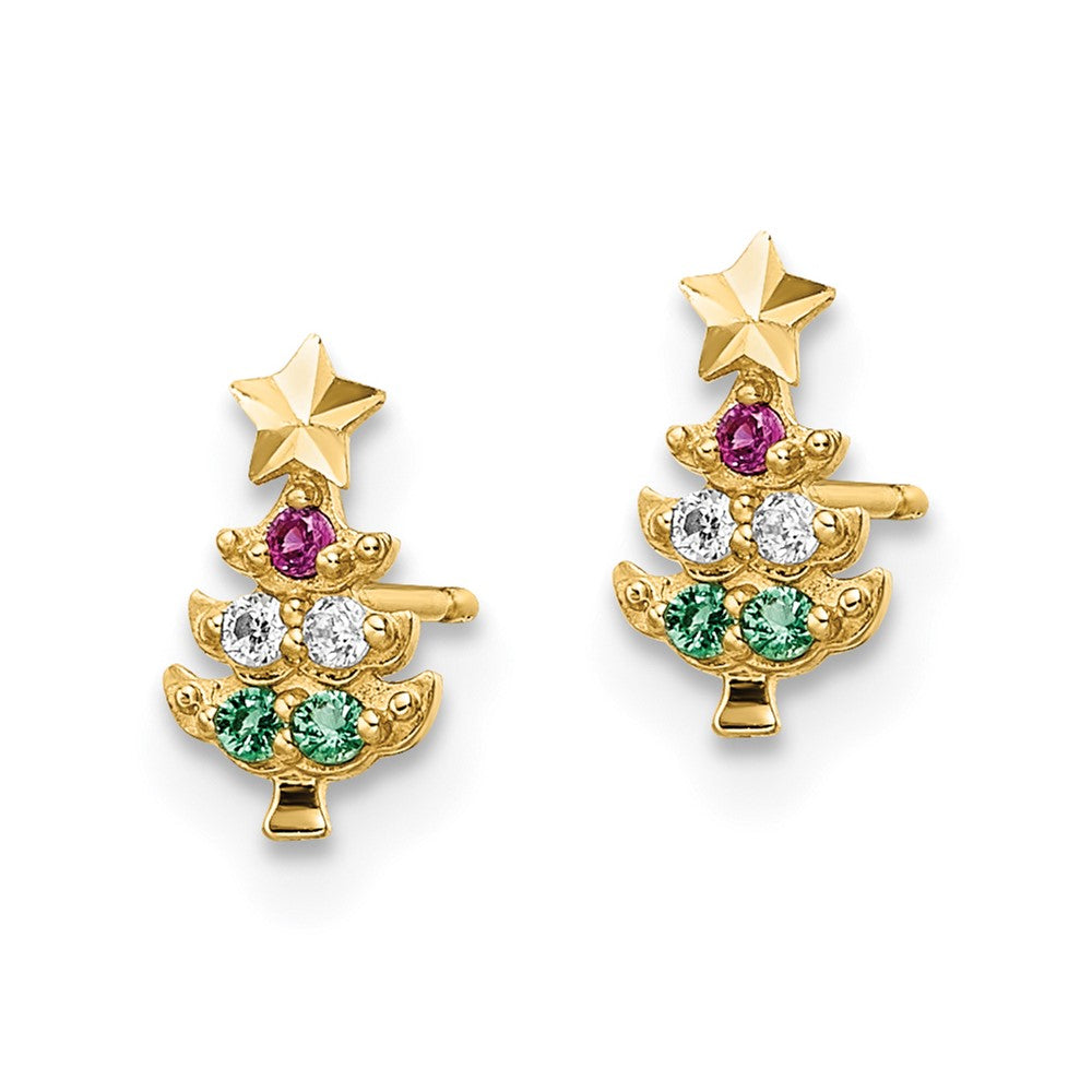 Doodle Glow 14k Madi K Red & Clear CZ & Green Glass Christmas Tree Post Earrings