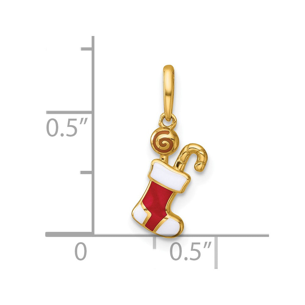 Sunny Bunny 14k Madi K Polished Red and White Epoxy Christmas Stocking with Candy Childrens Charm / Pendant