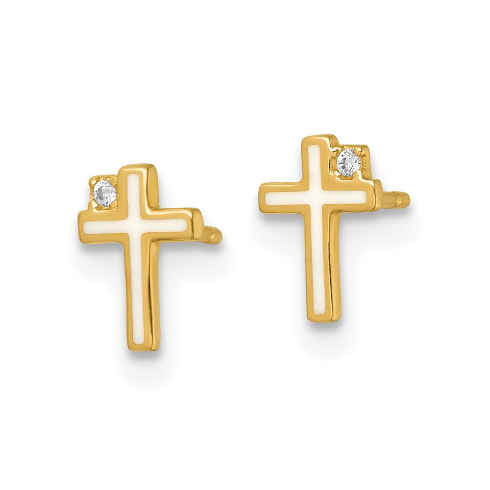 Cricket Boo 14k Madi K Polished White Enameled CZ Cross Childrens Post Earrings