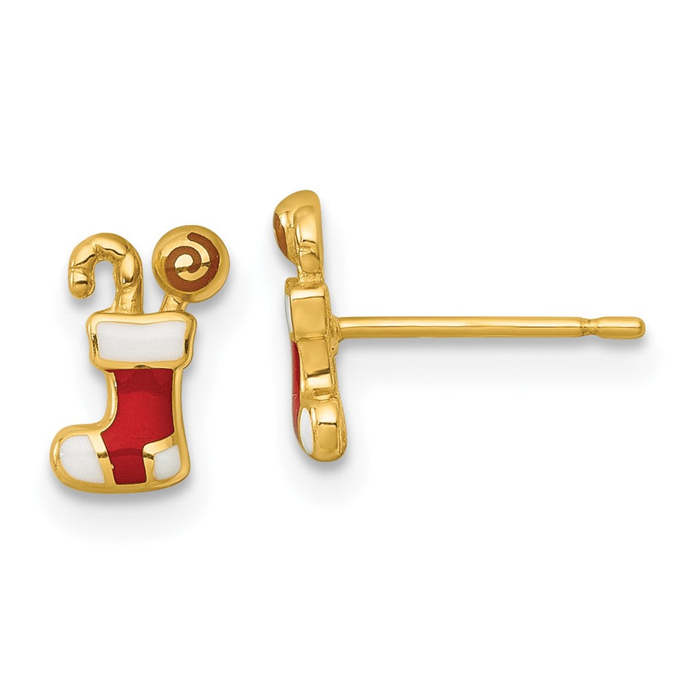 Sunny Glow 14k Madi K Polished Enameled Christmas Stocking with Candy Childrens Post Earrings