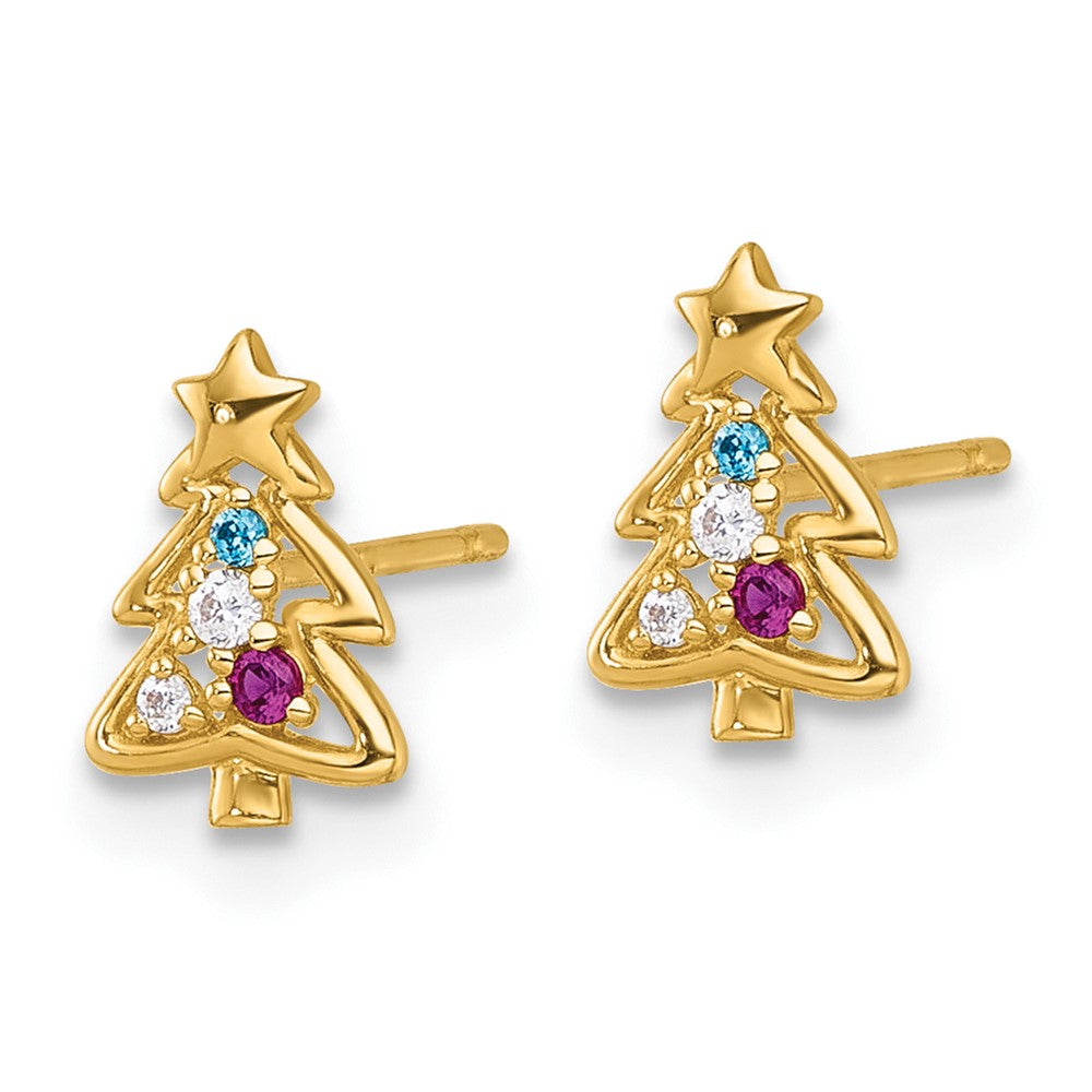 Clover Shine 14k Madi K Polished Created Ruby and CZ Christmas Tree Childrens Post Earrings