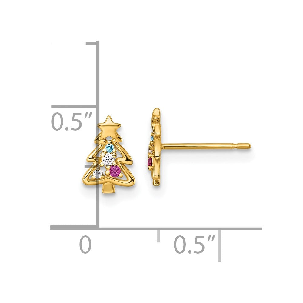 Clover Shine 14k Madi K Polished Created Ruby and CZ Christmas Tree Childrens Post Earrings