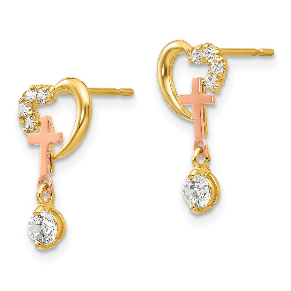 Cherry Drift 14k Madi K Two-tone CZ Children's Cross & Heart Post Earrings