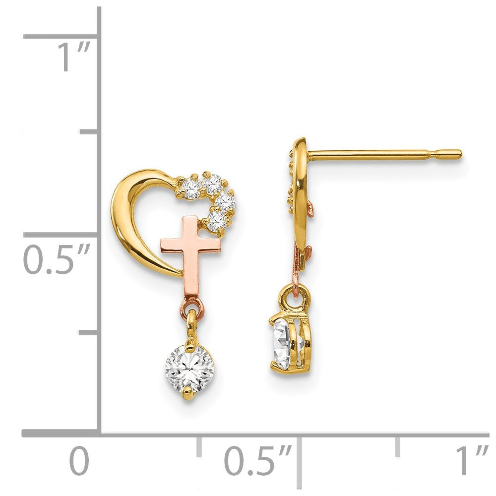 Cherry Drift 14k Madi K Two-tone CZ Children's Cross & Heart Post Earrings