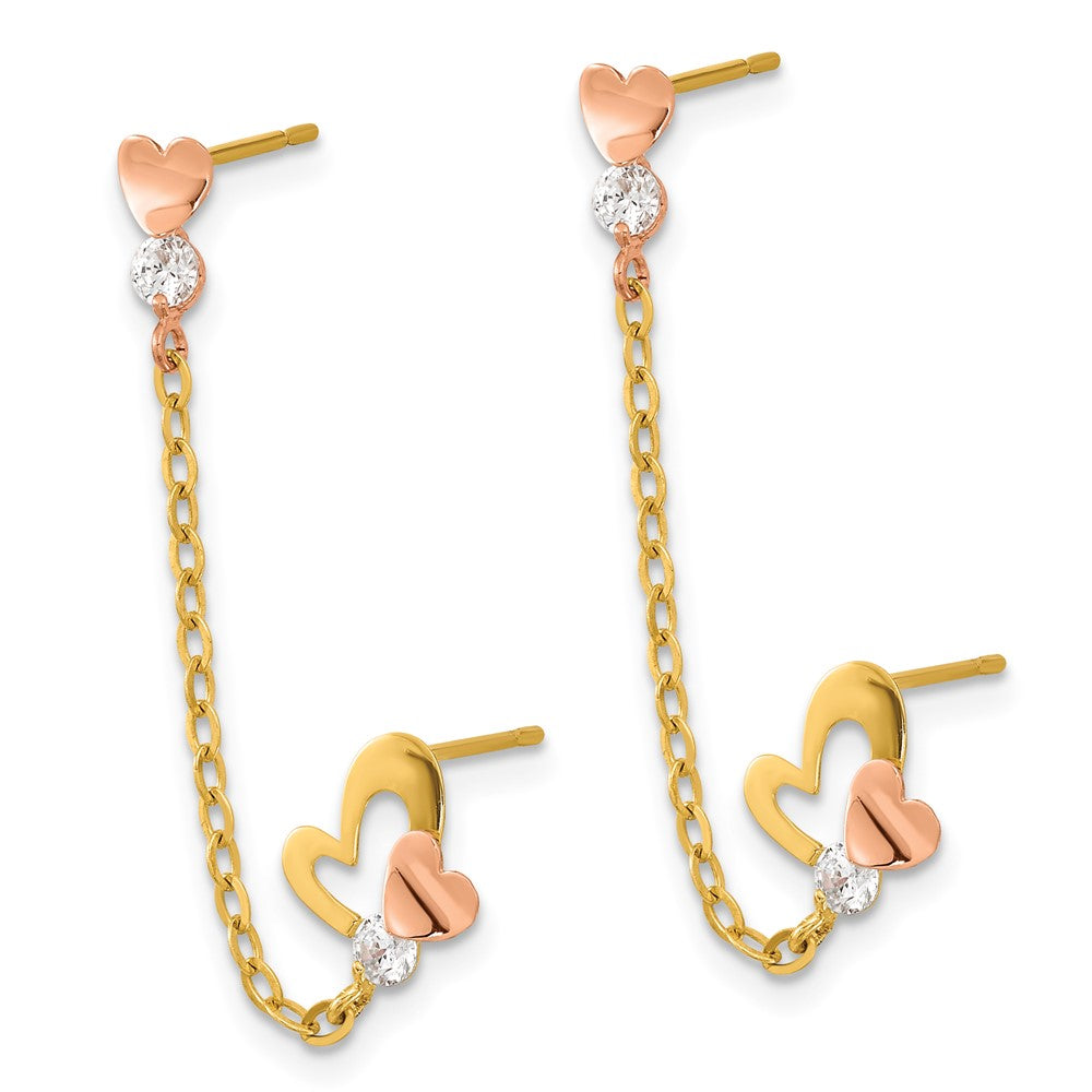 Bumble 14k Madi K Two-tone CZ Double Post w/Chain Heart Earring