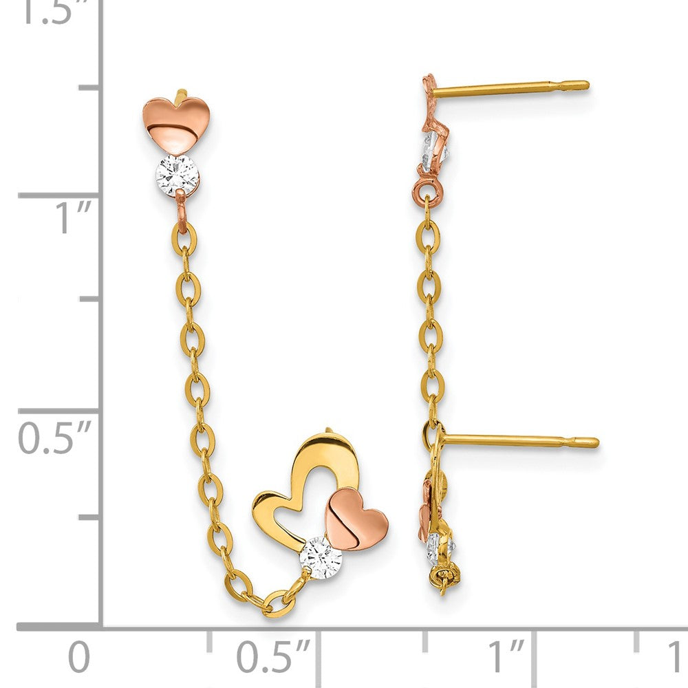 Bumble 14k Madi K Two-tone CZ Double Post w/Chain Heart Earring