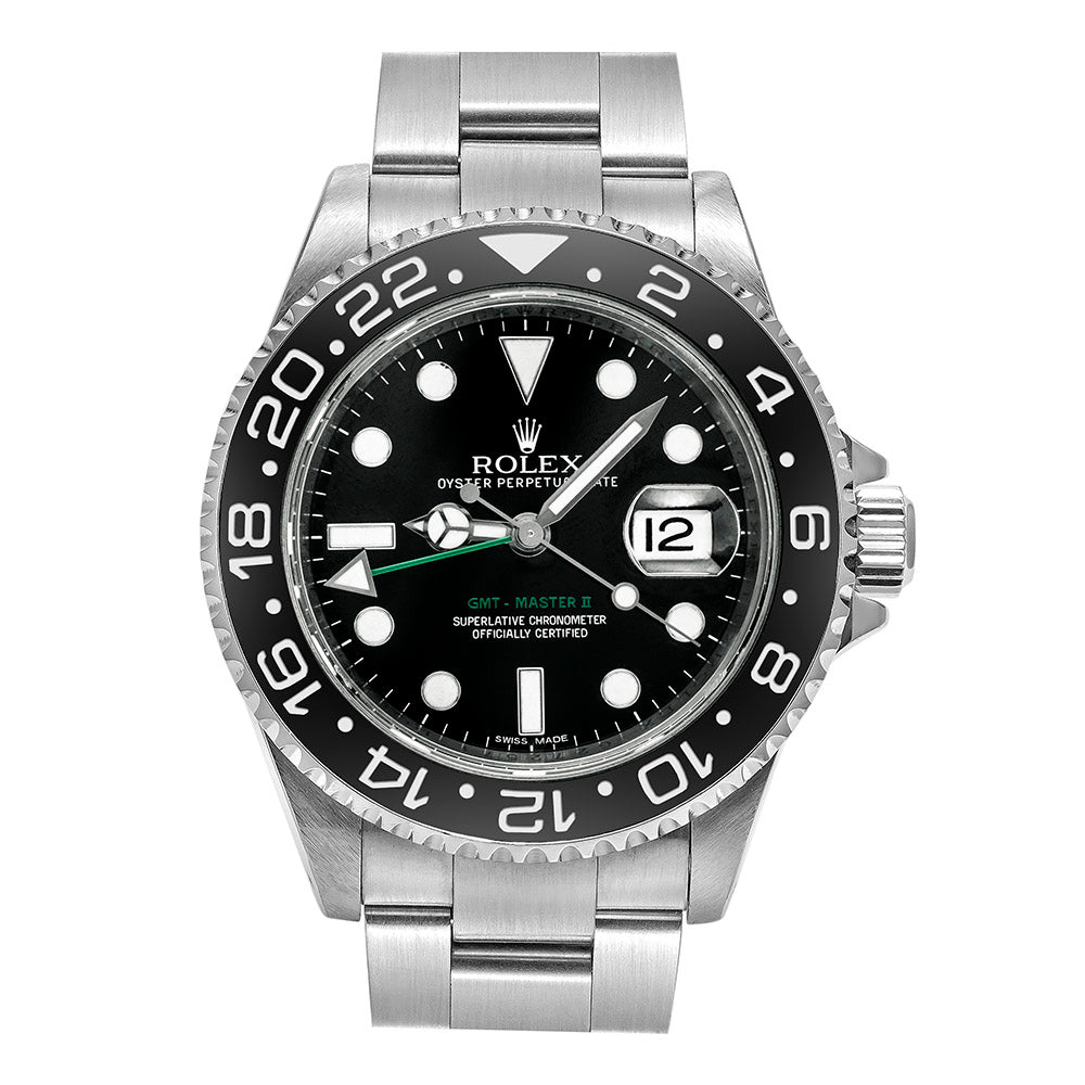 Pre-Owned Rolex Oystersteel GMT-Master II Watch - Bidirectional Rotatable Black and Grey Bezel - Black Dial - Oyster Bracelet