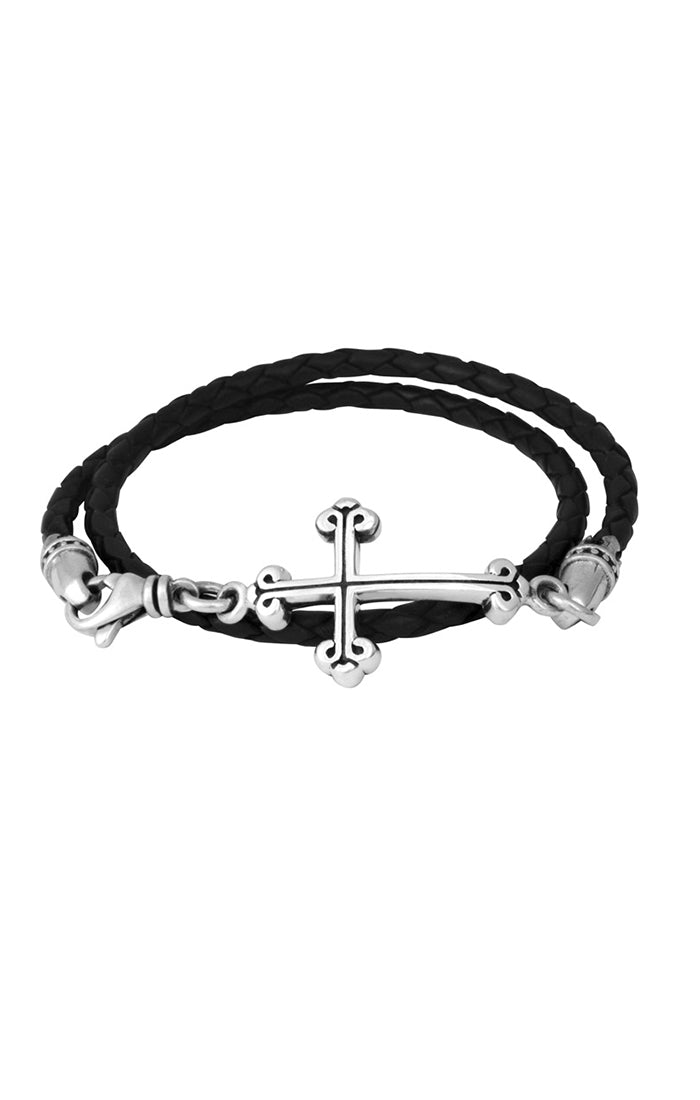 King Baby Thin Braided Leather Traditional Cross Double Wrap Bracelet
