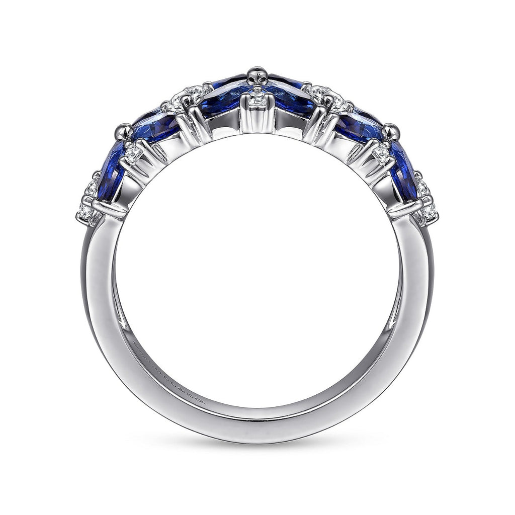 14K White Gold Diamond and Blue Sapphire Floral Wide Band Ring
