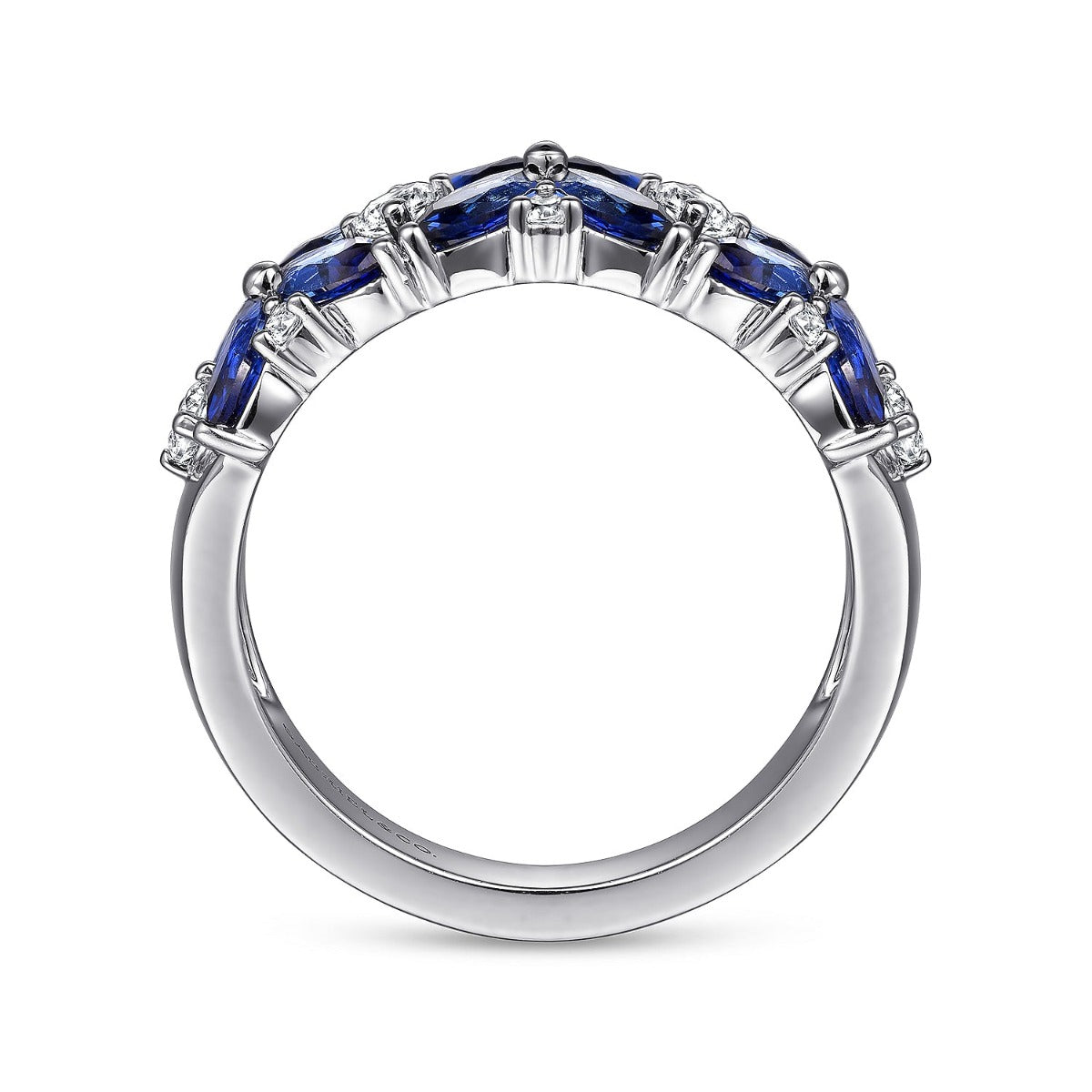 14K White Gold Diamond and Blue Sapphire Floral Wide Band Ring