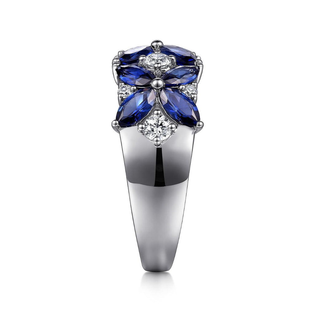 14K White Gold Diamond and Blue Sapphire Floral Wide Band Ring