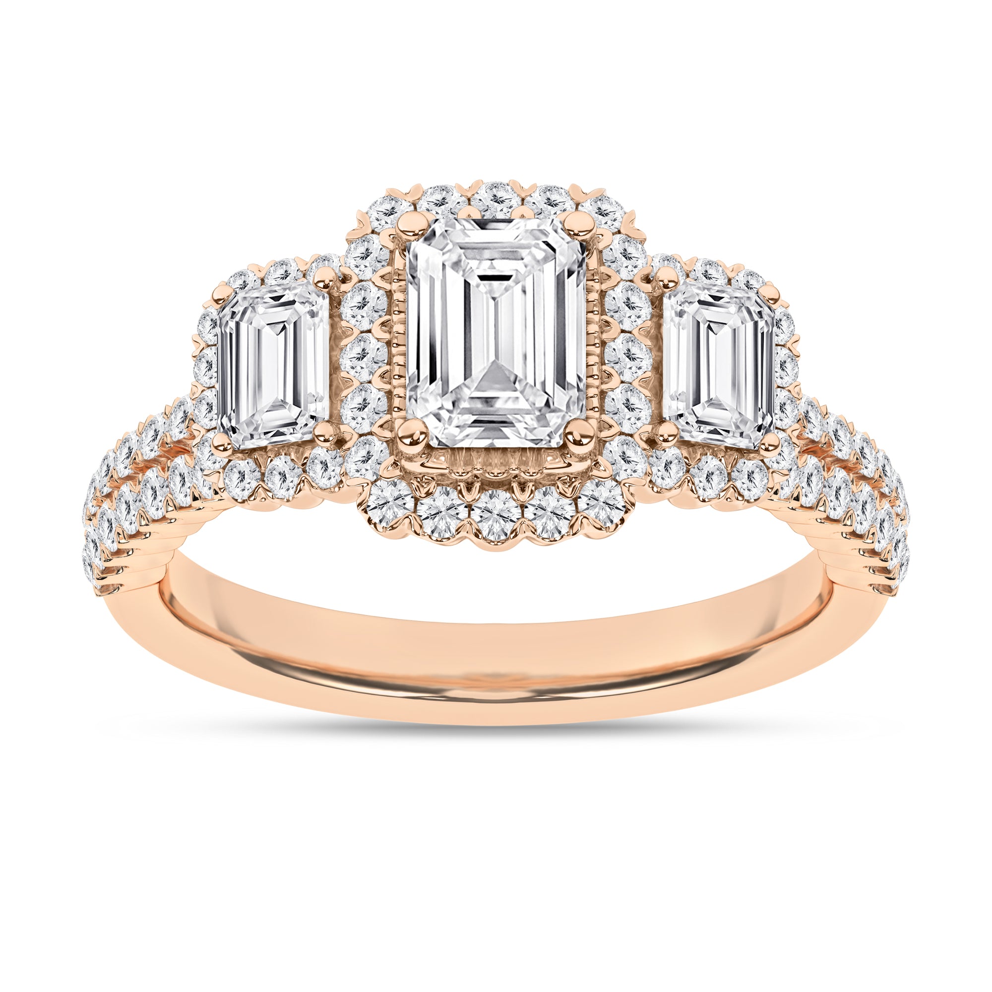 Elegant 3-Stone Halo Ring (Emerald)