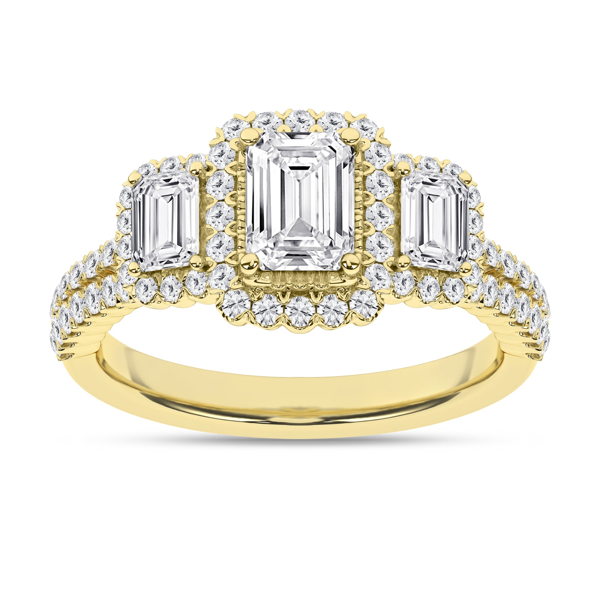 Elegant 3-Stone Halo Ring (Emerald)