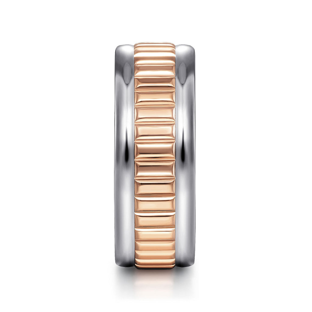 Allan - 14K White-Rose Gold 8mm - Two Tone Carved Men's Wedding Band in High Polish Finish
