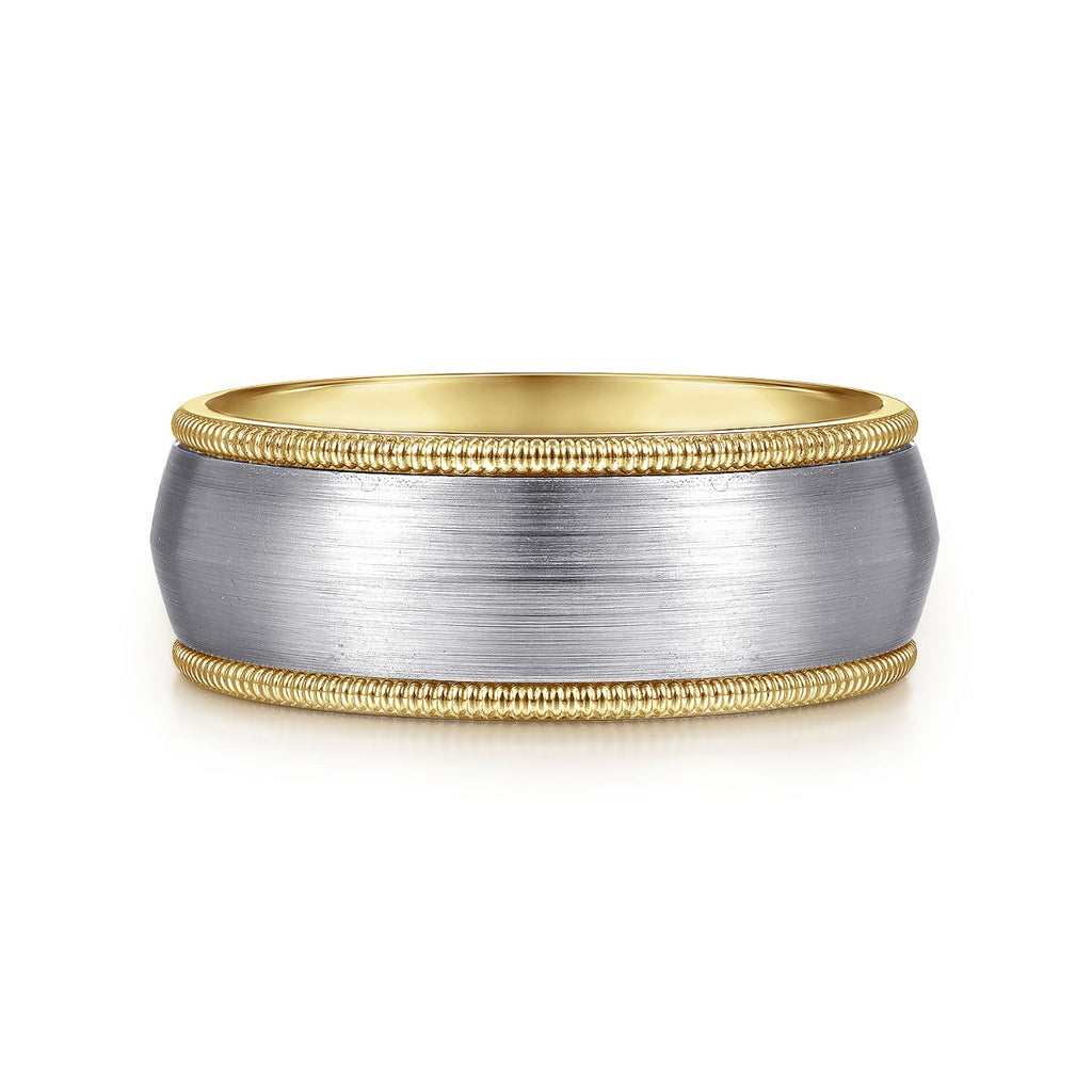 Aaron - 14K White-Yellow Gold 8mm - Two Tone Men's Wedding Band in Satin Finish