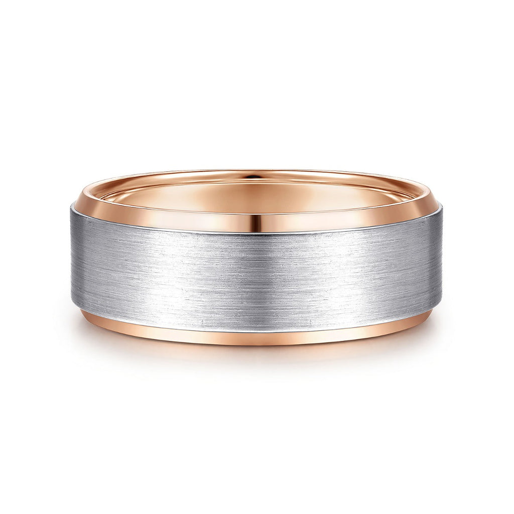 Alexander - 14K White-Rose Gold 8mm - Two Tone Beveled Edge Men's Wedding Band in Satin Finish