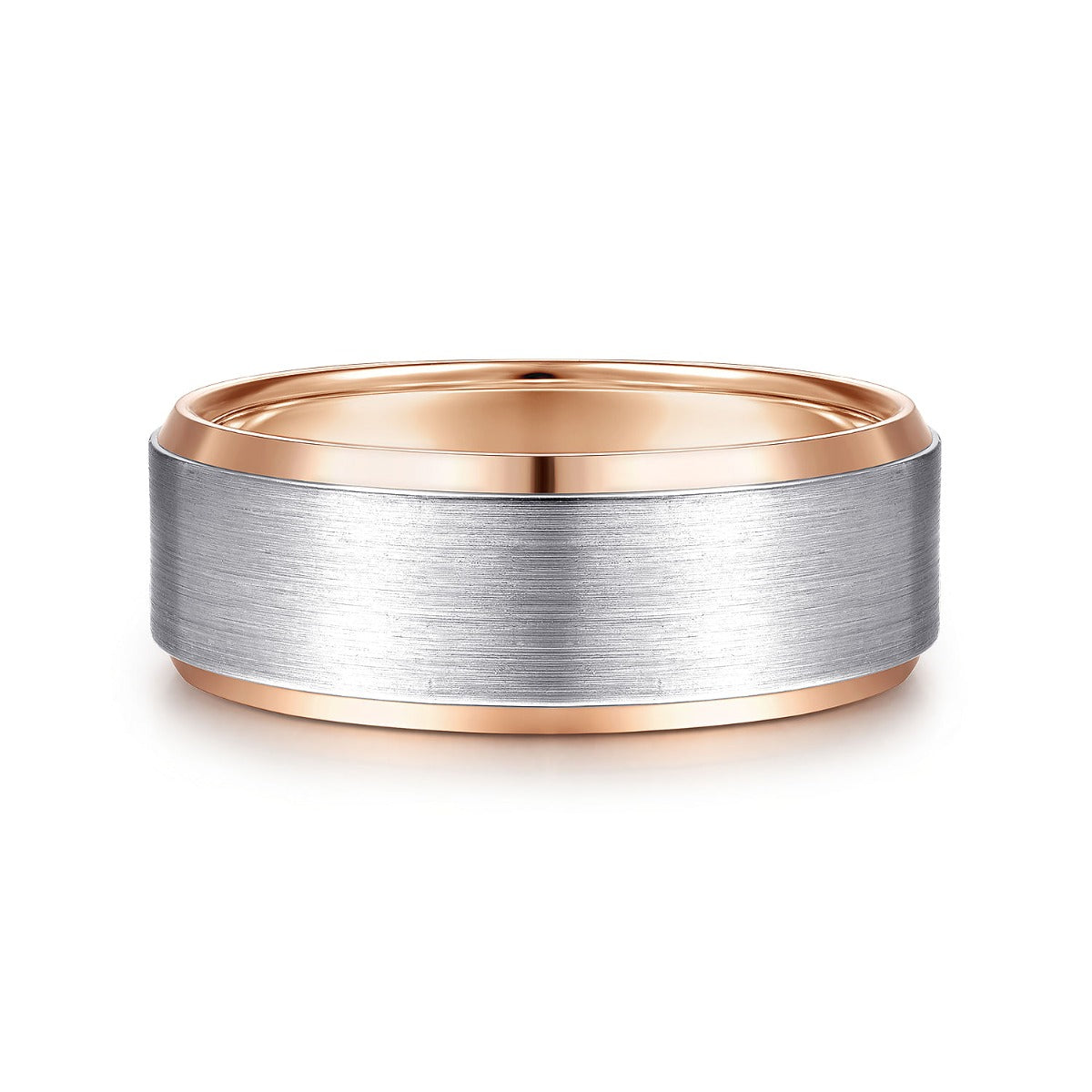 Alexander - 14K White-Rose Gold 8mm - Two Tone Beveled Edge Men's Wedding Band in Satin Finish