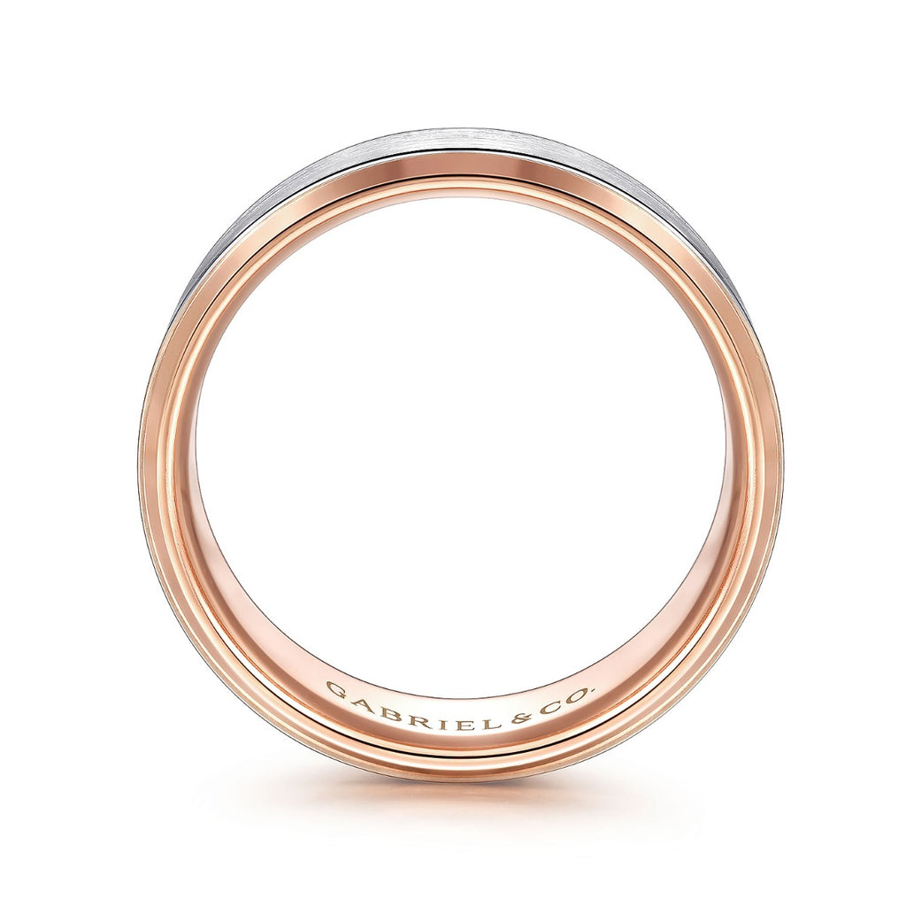 Alexander - 14K White-Rose Gold 8mm - Two Tone Beveled Edge Men's Wedding Band in Satin Finish