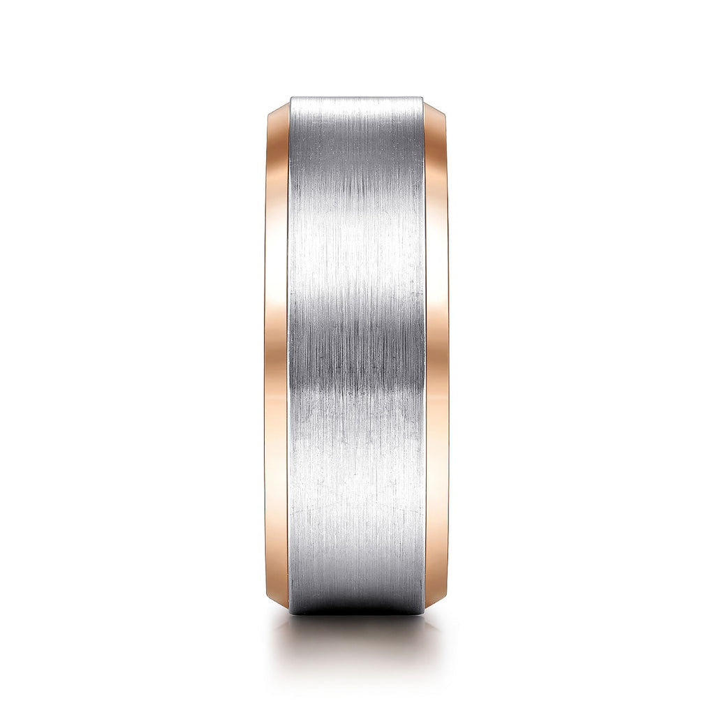 Alexander - 14K White-Rose Gold 8mm - Two Tone Beveled Edge Men's Wedding Band in Satin Finish