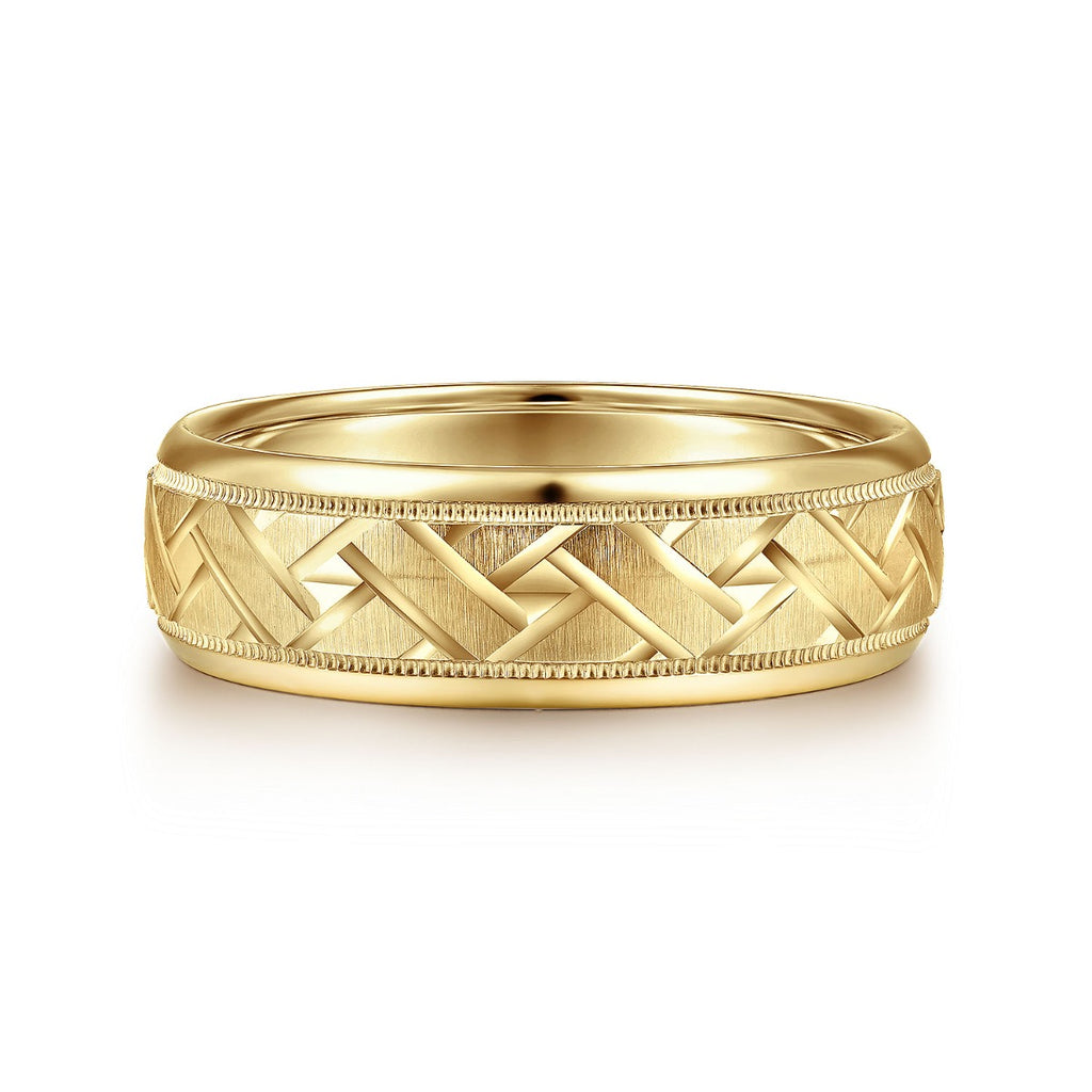 Oliver - 14K Yellow Gold 7mm - Engraved Woven Men's Wedding Band in Satin Finish