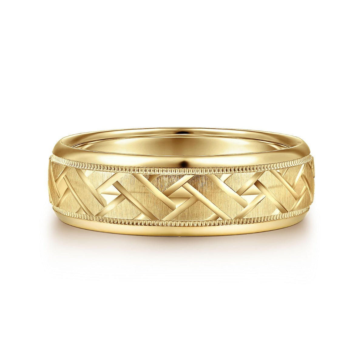 Oliver - 14K Yellow Gold 7mm - Engraved Woven Men's Wedding Band in Satin Finish