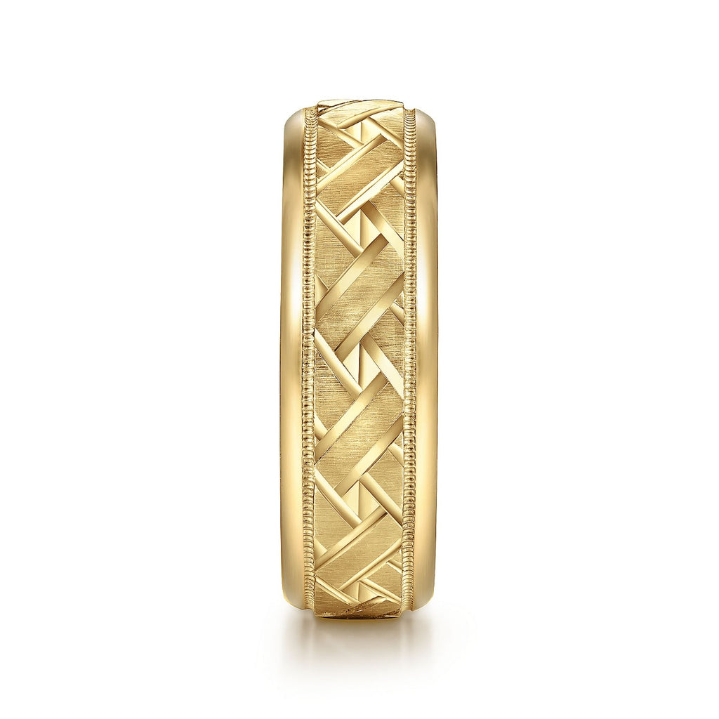 Oliver - 14K Yellow Gold 7mm - Engraved Woven Men's Wedding Band in Satin Finish