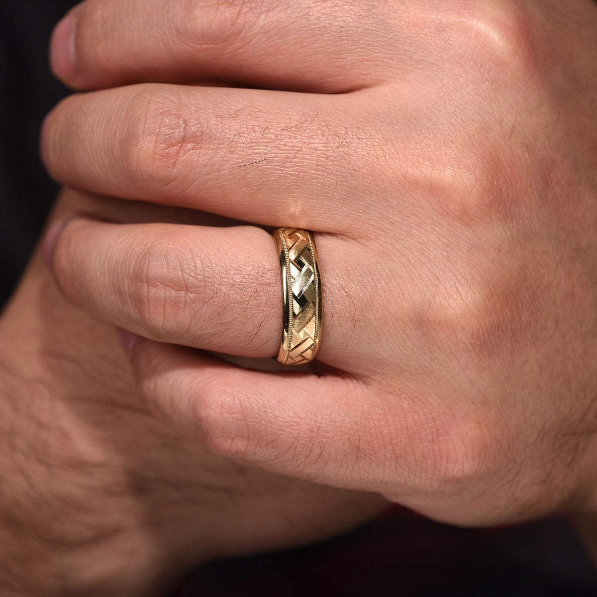 Oliver - 14K Yellow Gold 7mm - Engraved Woven Men's Wedding Band in Satin Finish