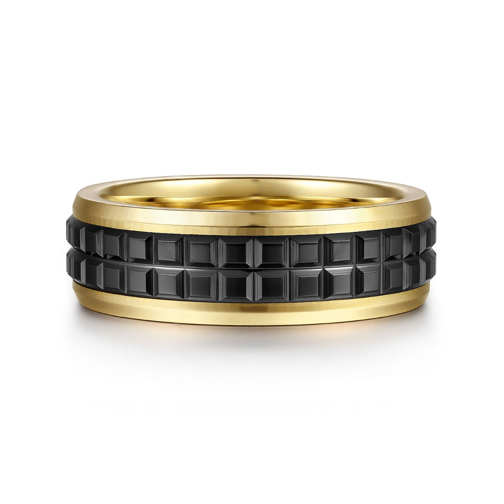 Brad - 14K Yellow Gold-Black Ceramic 7mm - Two Tone Beveled Edge Men's Wedding Band