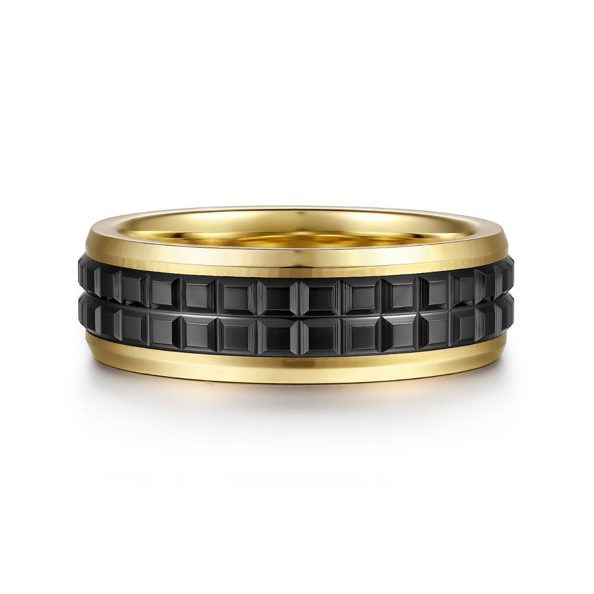 Brad - 14K Yellow Gold-Black Ceramic 7mm - Two Tone Beveled Edge Men's Wedding Band