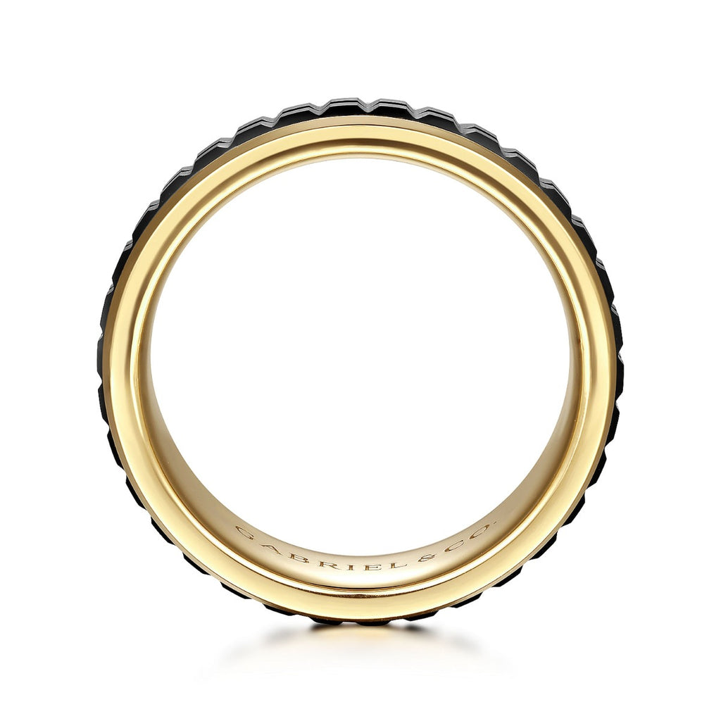 Brad - 14K Yellow Gold-Black Ceramic 7mm - Two Tone Beveled Edge Men's Wedding Band