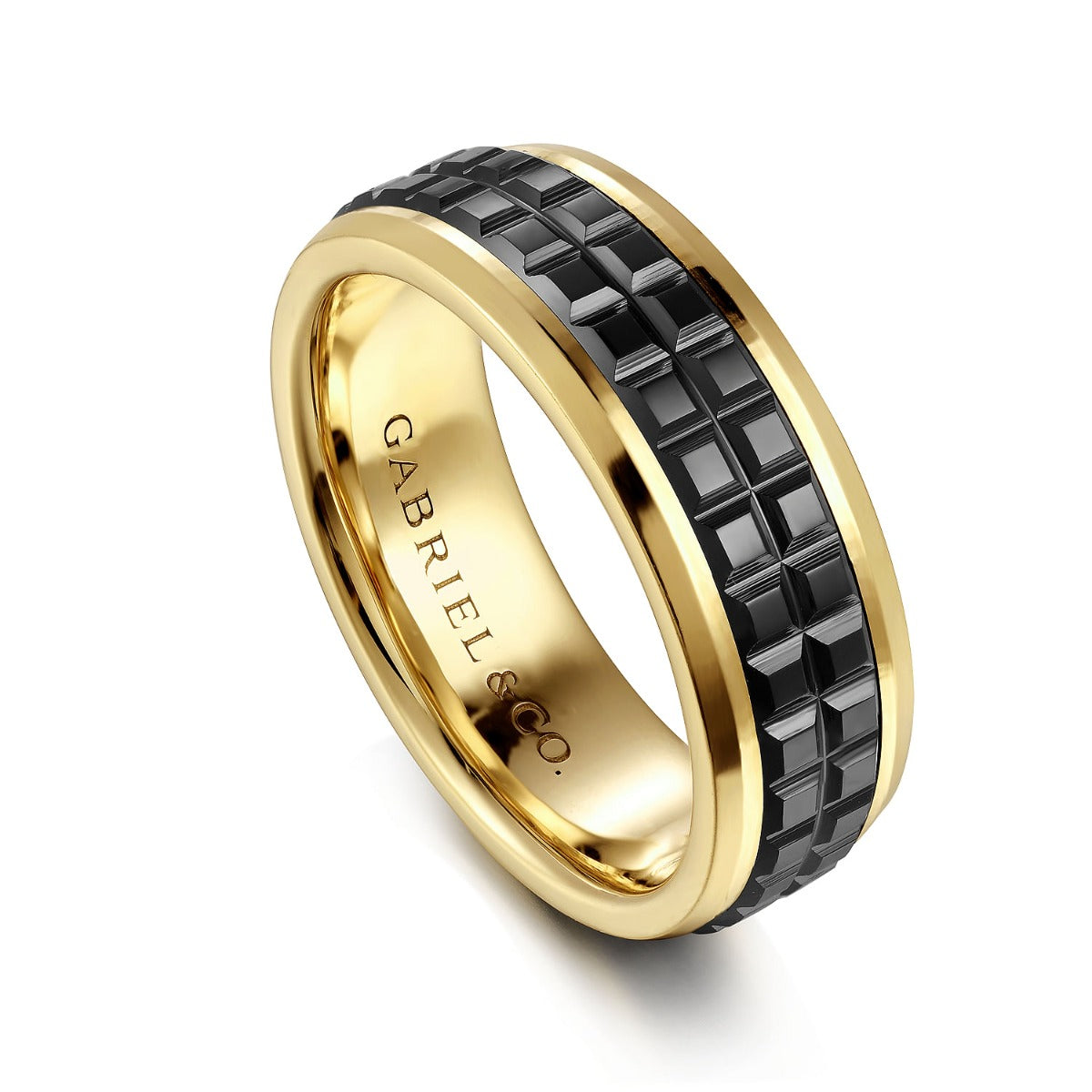 Brad - 14K Yellow Gold-Black Ceramic 7mm - Two Tone Beveled Edge Men's Wedding Band