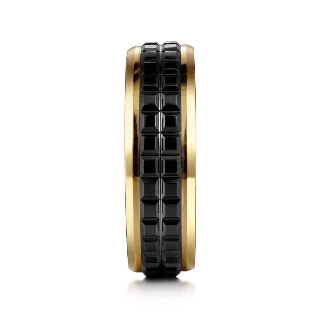 Brad - 14K Yellow Gold-Black Ceramic 7mm - Two Tone Beveled Edge Men's Wedding Band