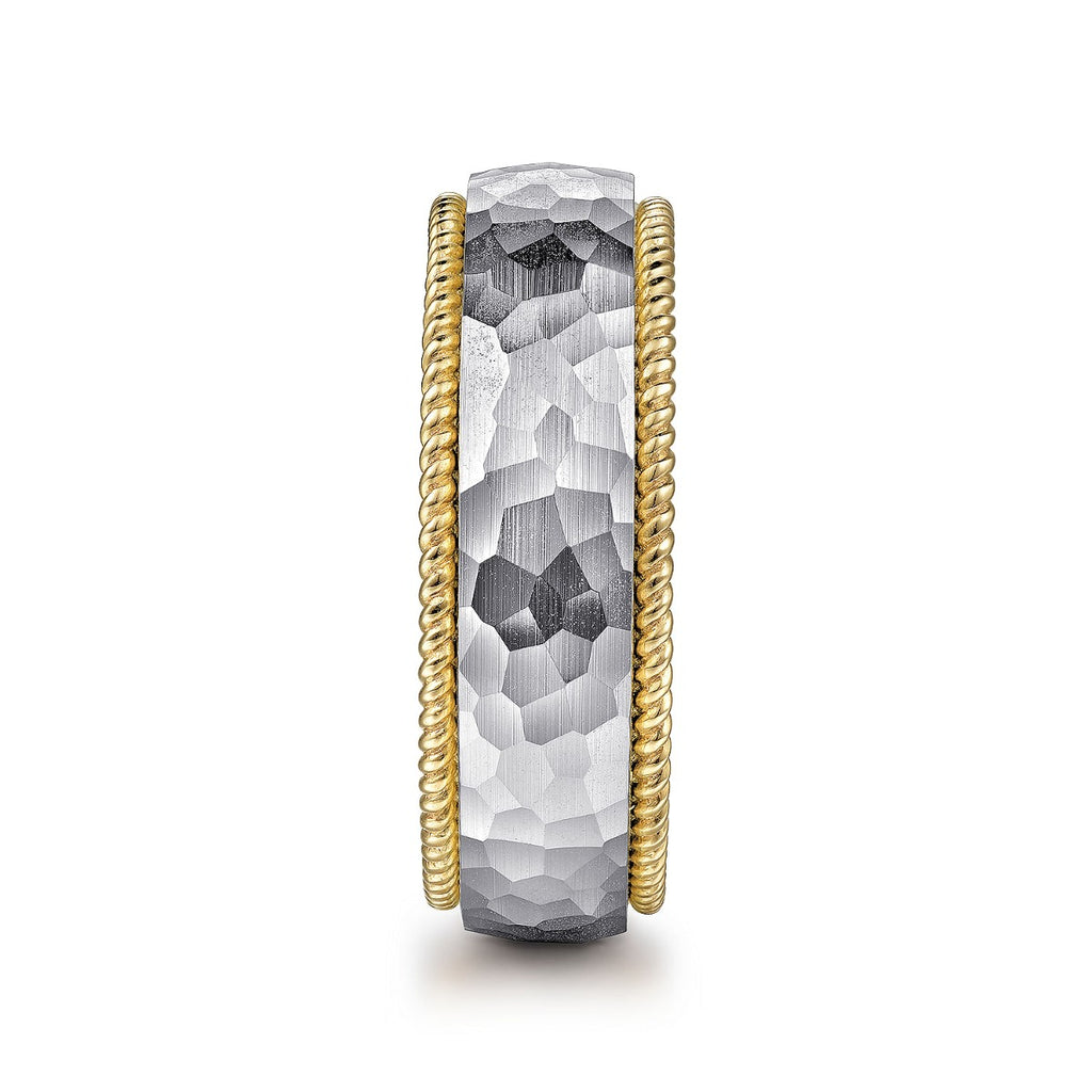 Atticus - 14K White-Yellow Gold 8mm - Two Tone Men's Wedding Band in Hammered Finish