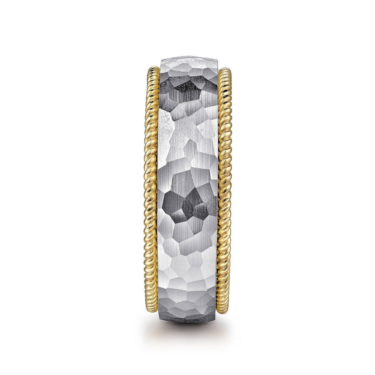 Atticus - 14K White-Yellow Gold 8mm - Two Tone Men's Wedding Band in Hammered Finish