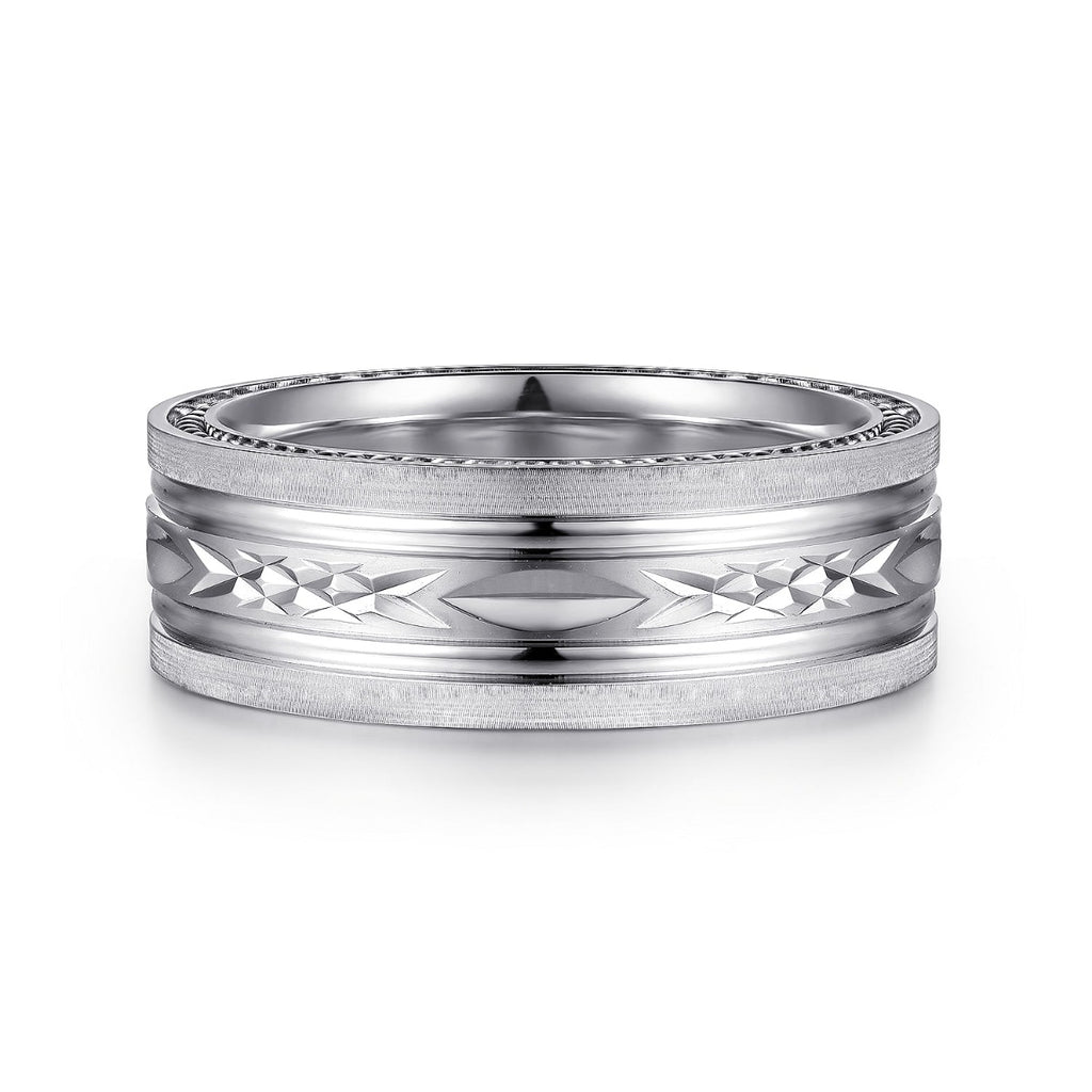 Leo - 14K White Gold 8mm - Carved Men's Wedding Band in Satin Finish