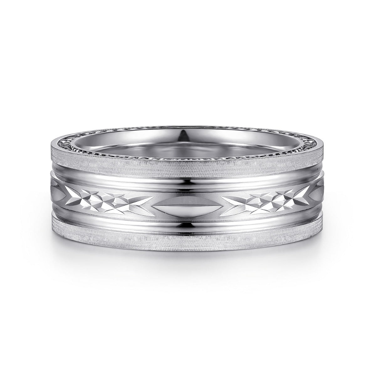 Leo - 14K White Gold 8mm - Carved Men's Wedding Band in Satin Finish