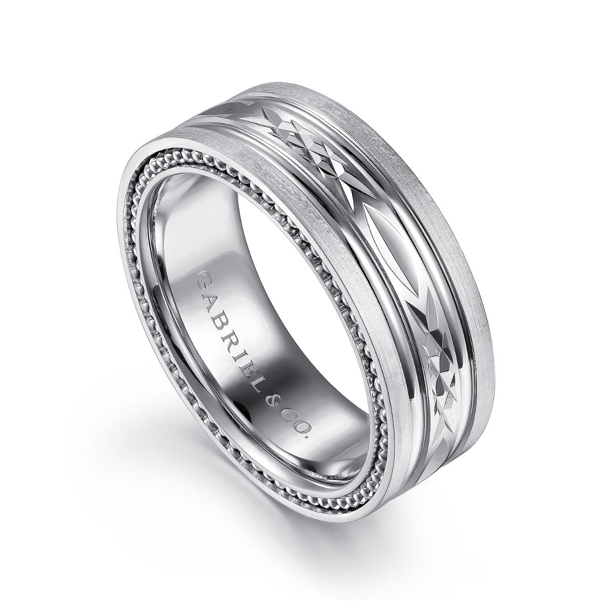 Leo - 14K White Gold 8mm - Carved Men's Wedding Band in Satin Finish