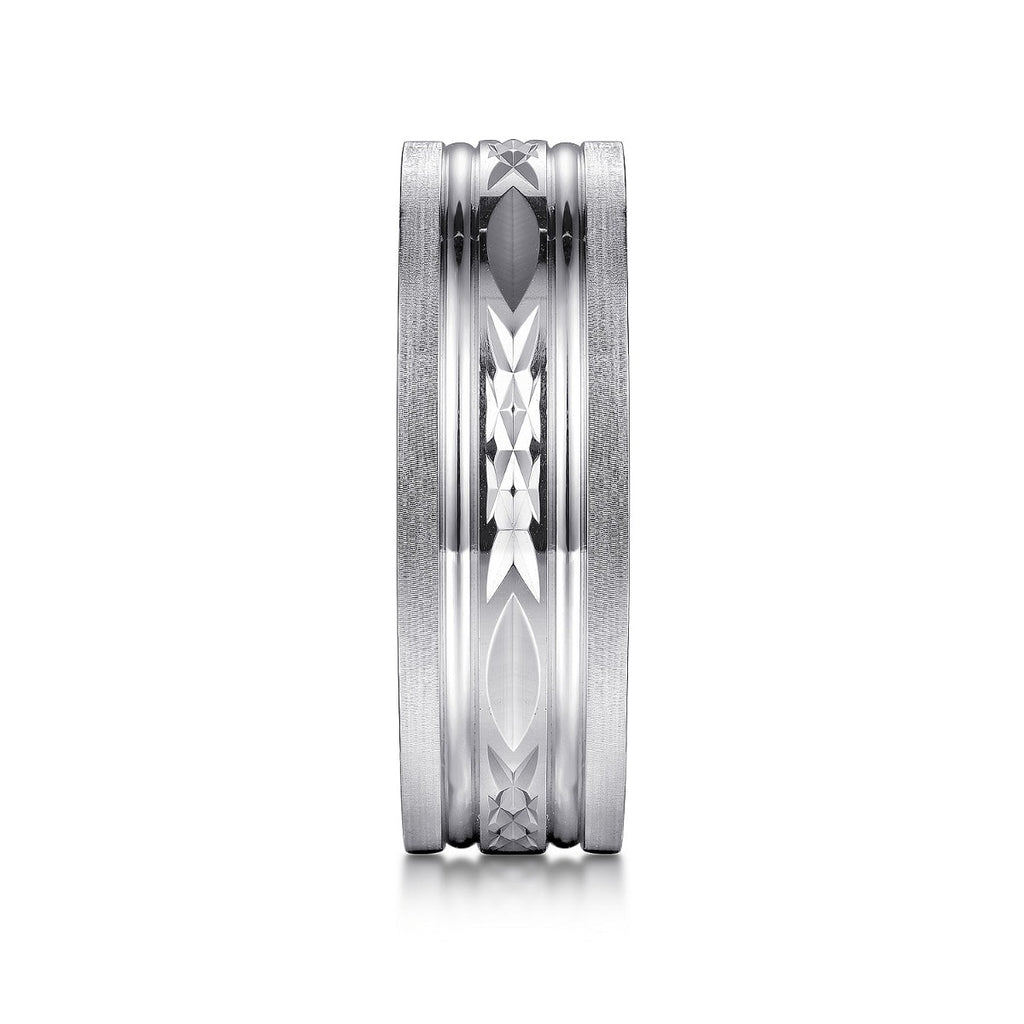Leo - 14K White Gold 8mm - Carved Men's Wedding Band in Satin Finish