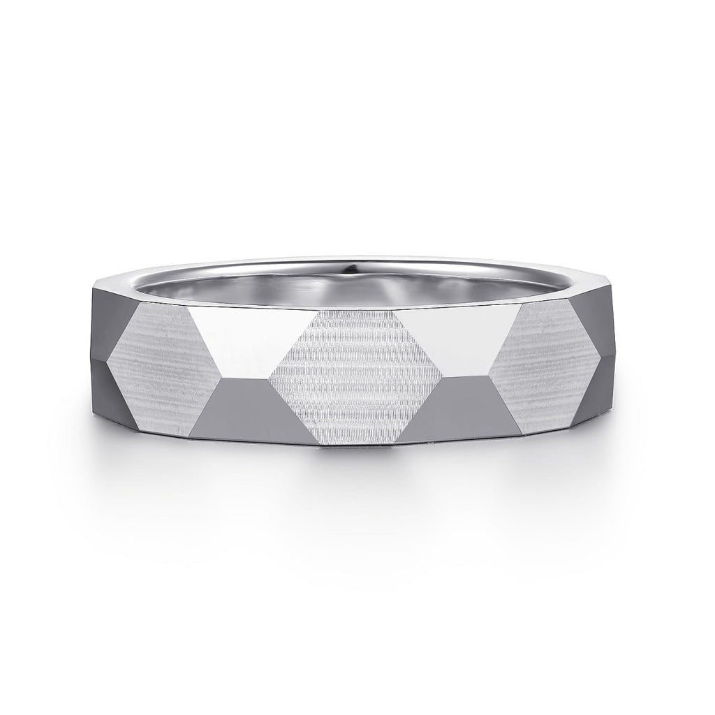 Oscar - 14K White Gold 6mm - Carved Men's Wedding Band in Satin Finish