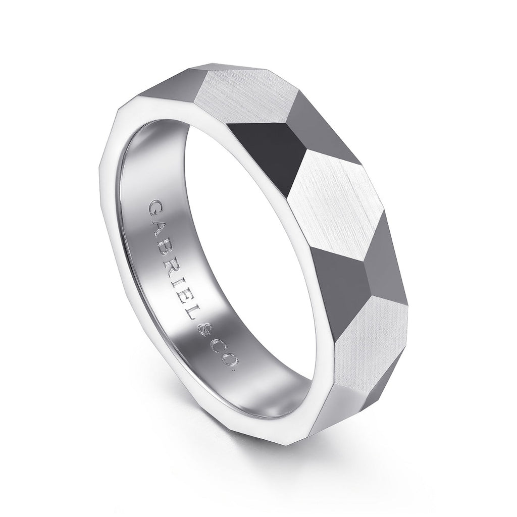 Oscar - 14K White Gold 6mm - Carved Men's Wedding Band in Satin Finish