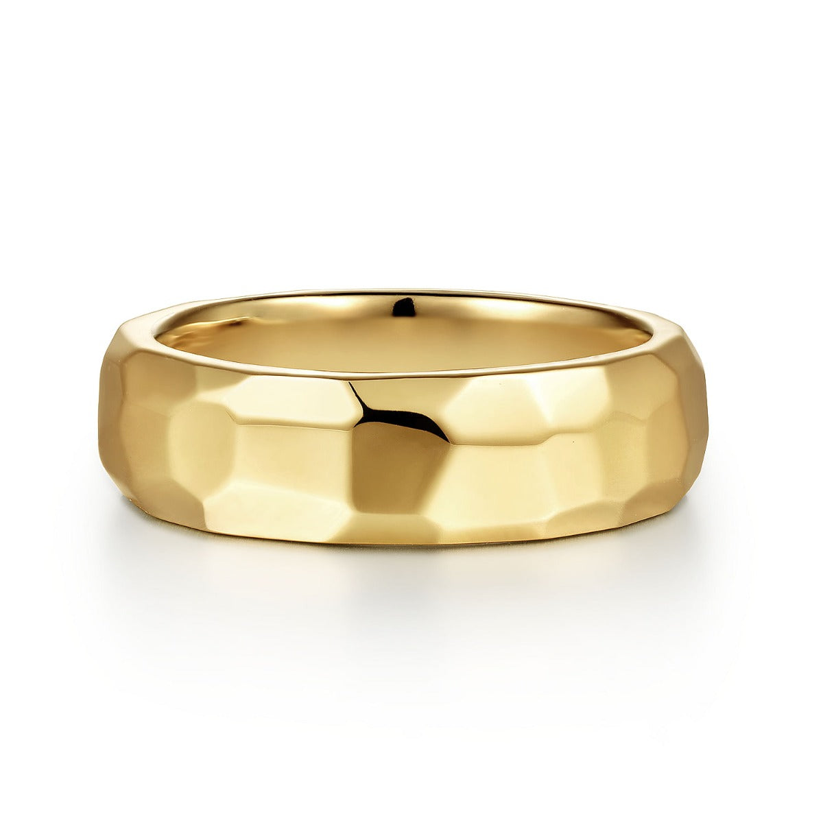 Theo - 14K Yellow Gold 7mm - Hammered Men's Wedding Band in High Polished Finish