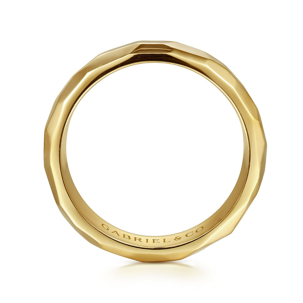Theo - 14K Yellow Gold 7mm - Hammered Men's Wedding Band in High Polished Finish