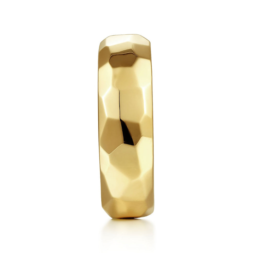 Theo - 14K Yellow Gold 7mm - Hammered Men's Wedding Band in High Polished Finish