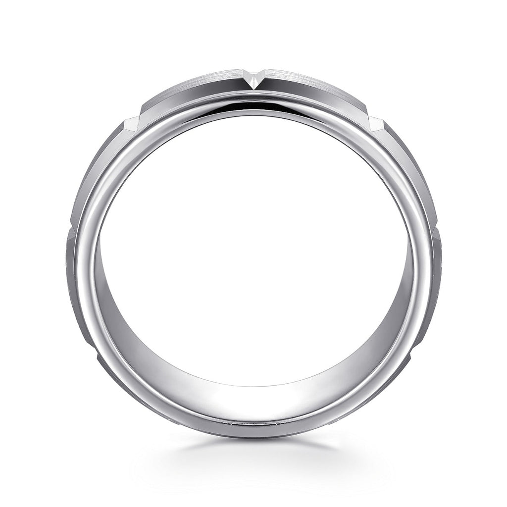 Austin - 14K White Gold 8mm - Carved Station Men's Wedding Band in Satin Finish