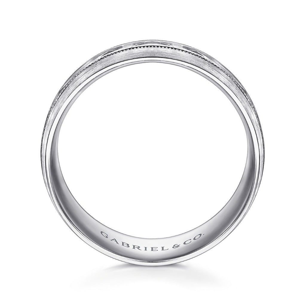 Russell - 14K White Gold 8mm - Engraved Men's Wedding Band in Satin Finish